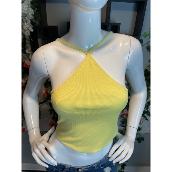 Halter Ribbed Stretch Yellow Cropped Top Size M refFNB - Picture 9 of 10